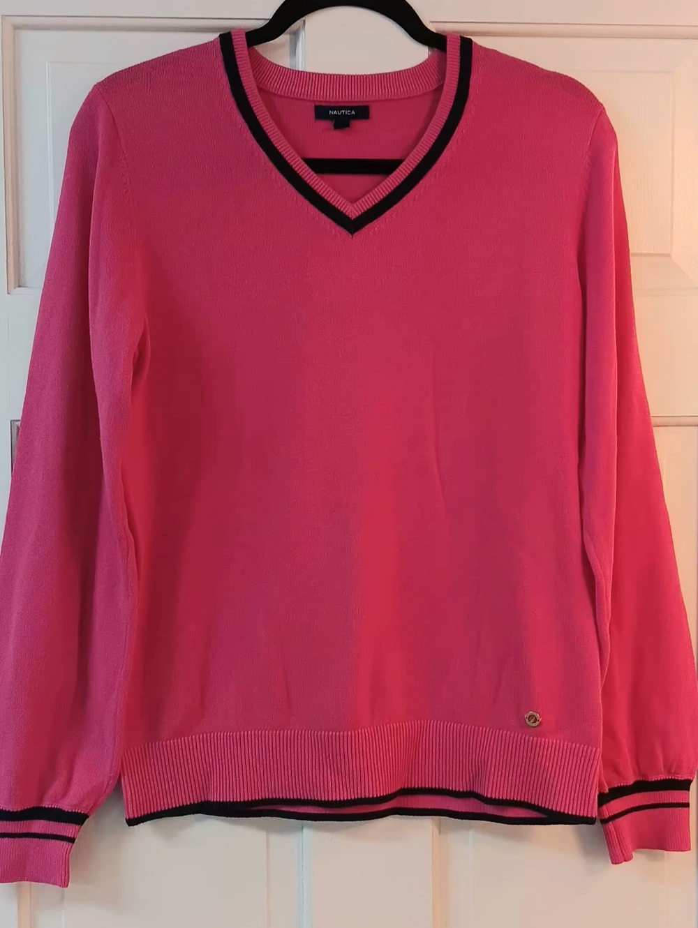 Nautica Oversized Preppy, Collegiate, 100% Cotton V-Neck Sweater with Navy Trim